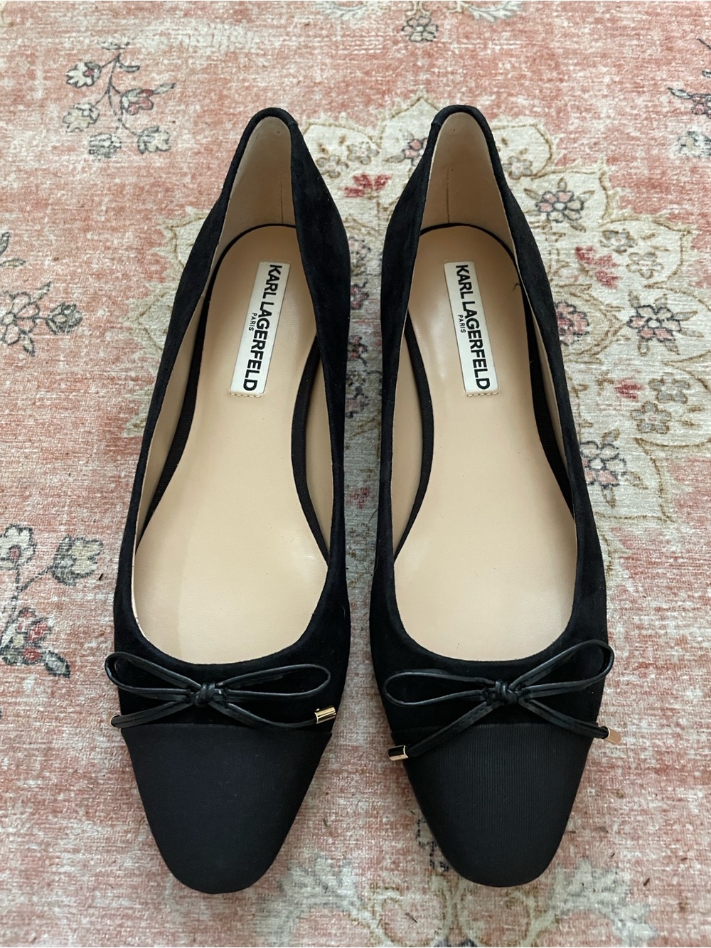 Karl Lagerfeld Suede Flats with Faux Pearl and Gold Heels.